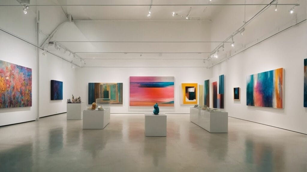 An art gallery featuring colorful paintings by local artists.