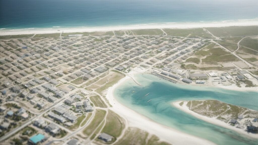 An aerial view of a 30A beach and ocean.