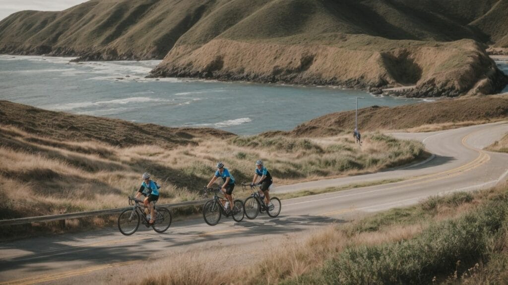 A group of cyclists riding down a road near the ocean on 30A.