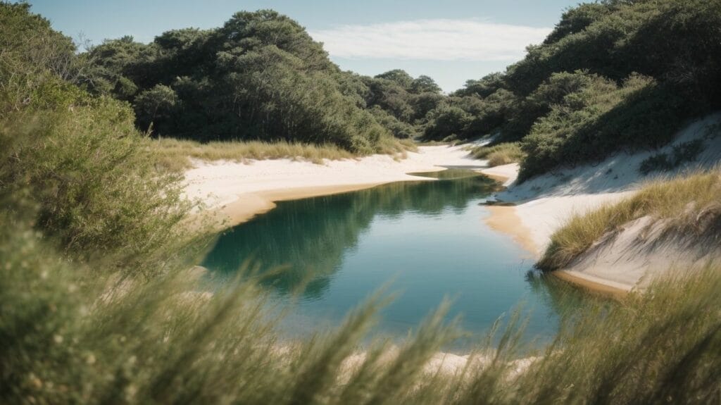 A river surrounded by Coastal Dune Lakes and trees.
