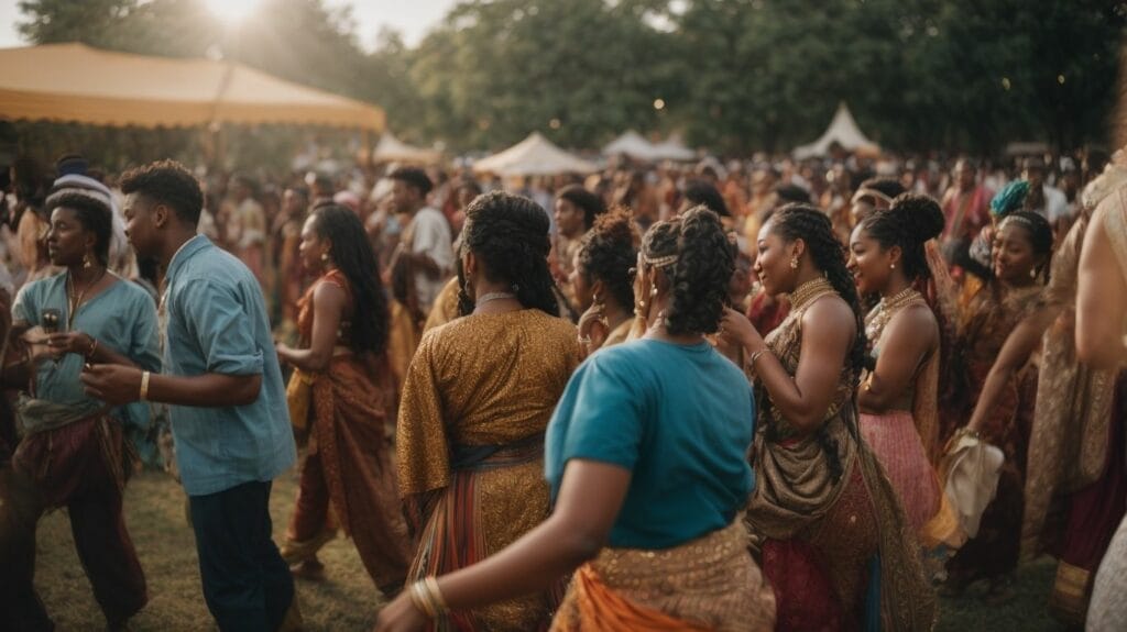 A group of people dancing at a Cultural Events festival.