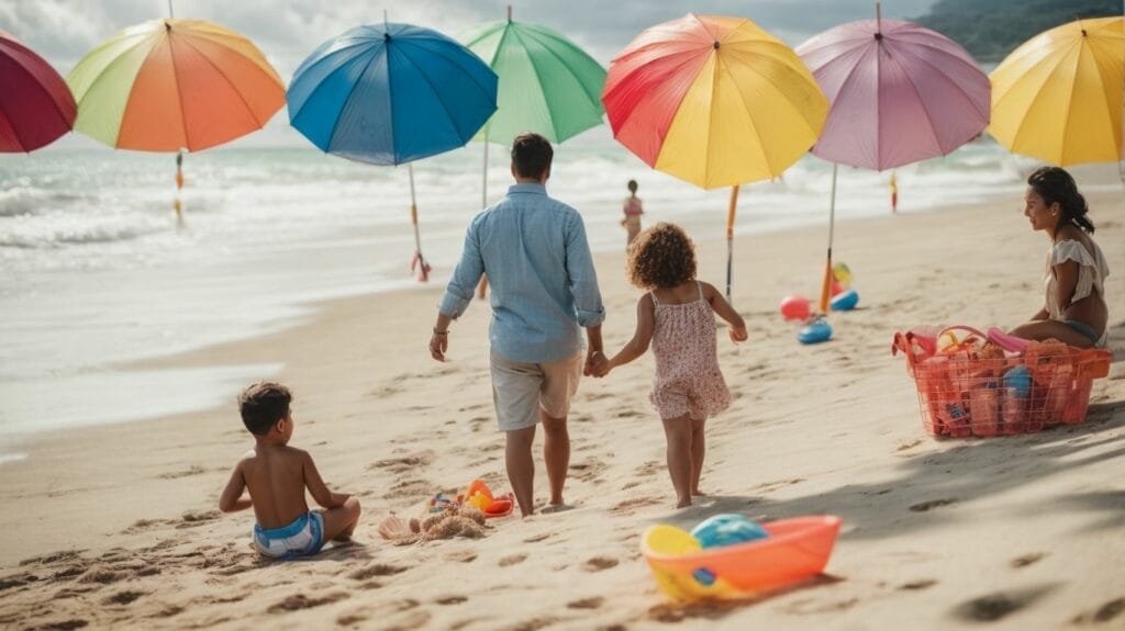 A group of people on the 30A beach with colorful umbrellas, enjoying family activities together.
