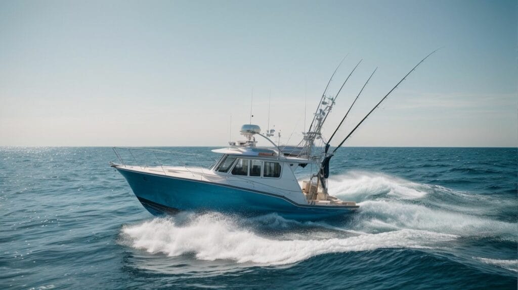 A blue and white fishing boat in the ocean offering charters.