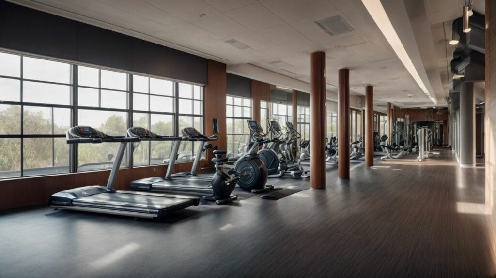 A Fitness center with tread machines and large windows.
