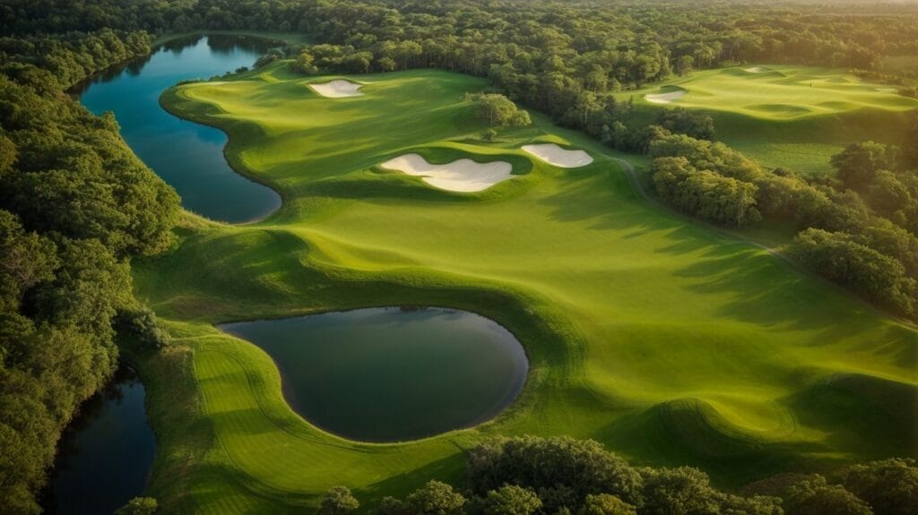 An aerial view of a golf course in the woods on 30A.