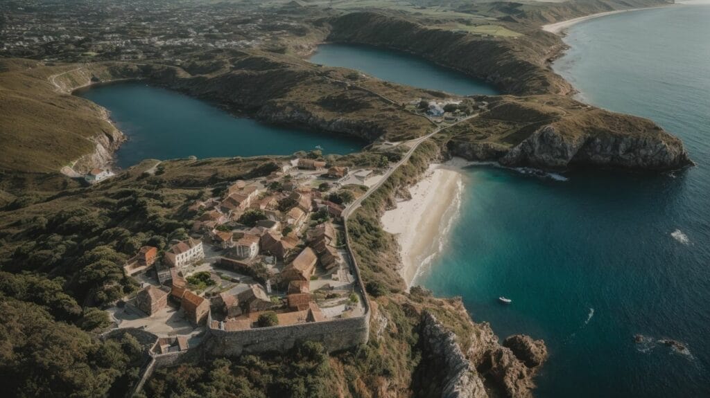 An aerial view of a coastal village with historical sites.