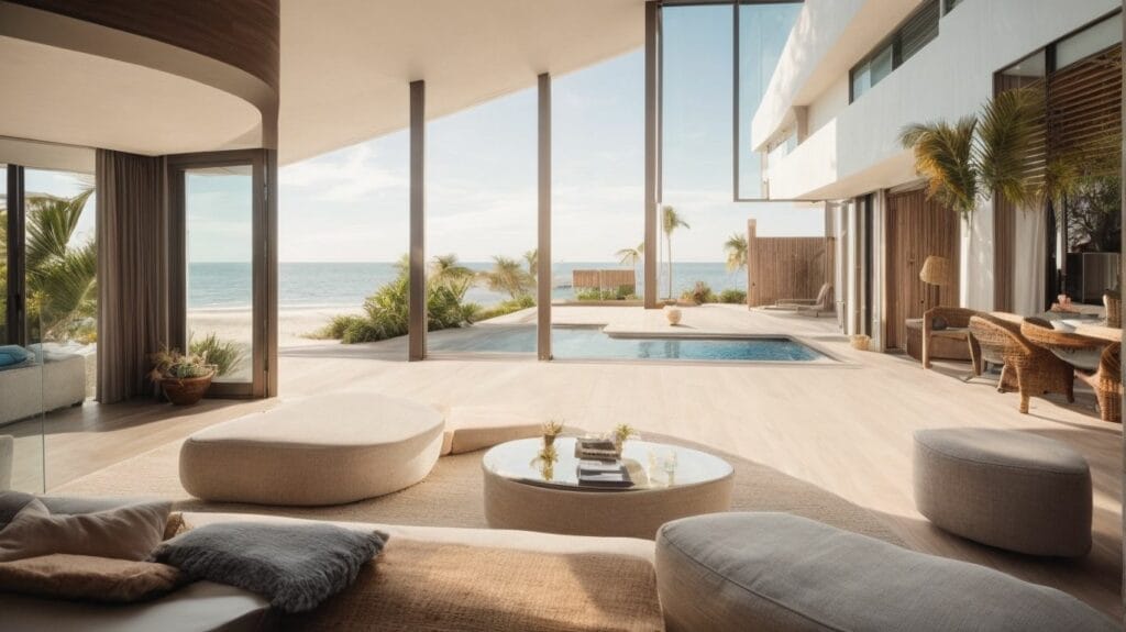 A luxury living room with a view of the ocean available for 30A rentals.