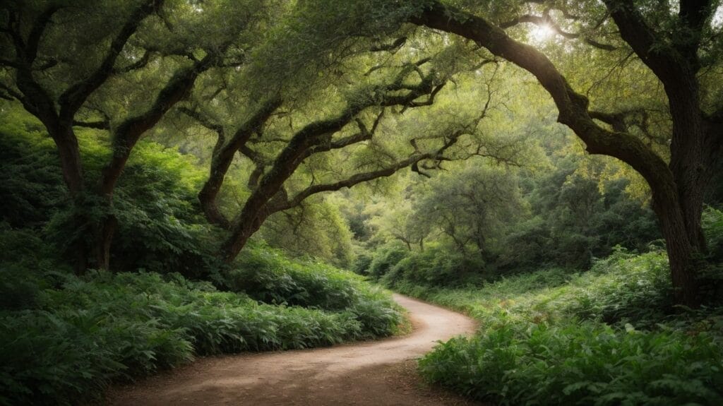 A 30A nature trail through a lush green forest.