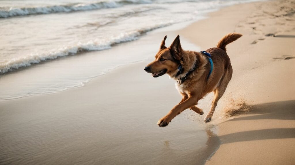A brown dog running on the 30A beach.