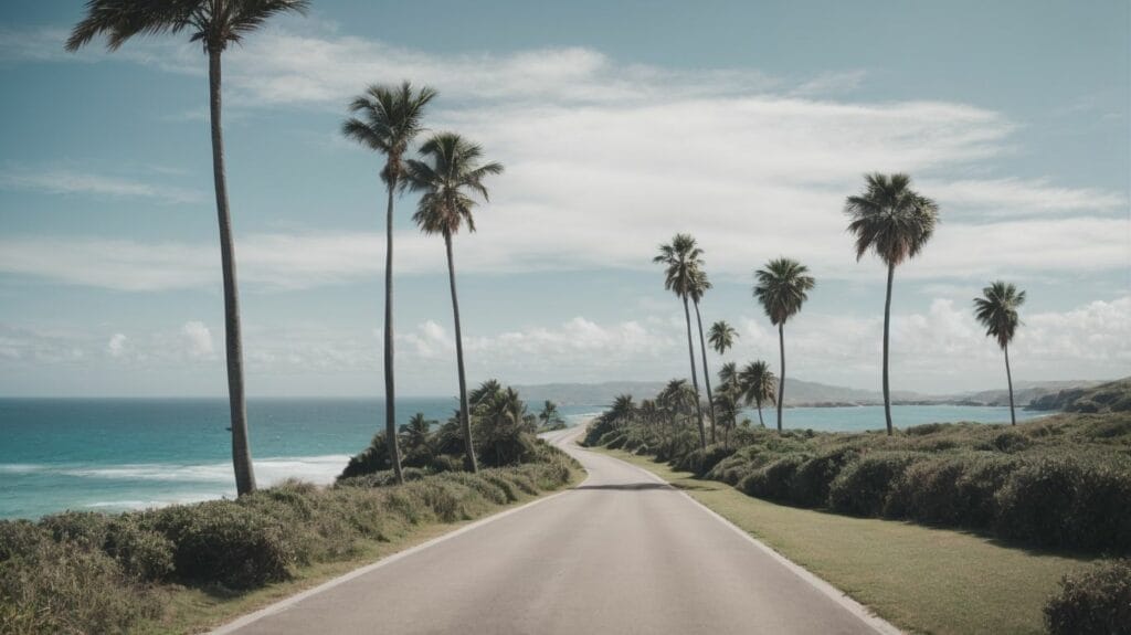 30A lined with palm trees leading to the ocean.