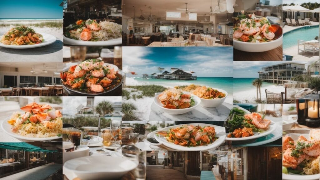 A collage of pictures of seafood on the beach in 30A.