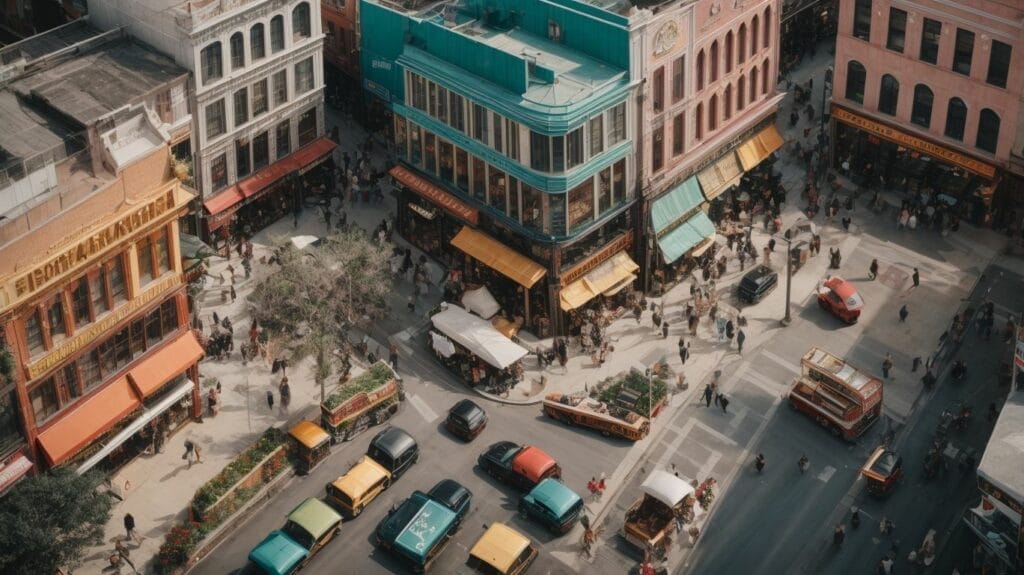 An aerial view of a busy shopping district.