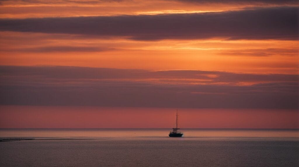 A sailboat cruises across the ocean during a sunset on 30A.