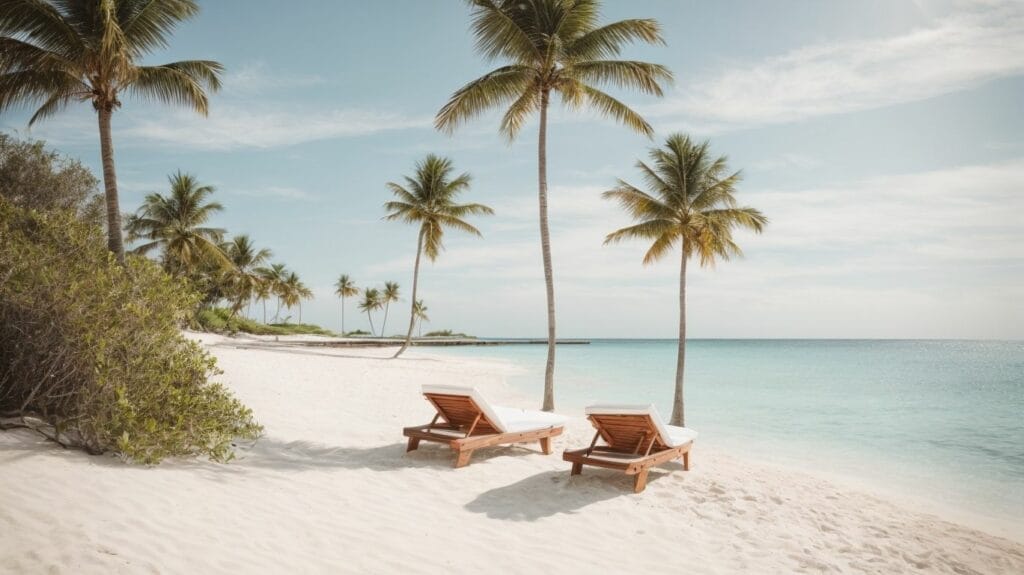 Two lounge chairs on a sandy beach with palm trees, perfect for a relaxing 30A vacation.