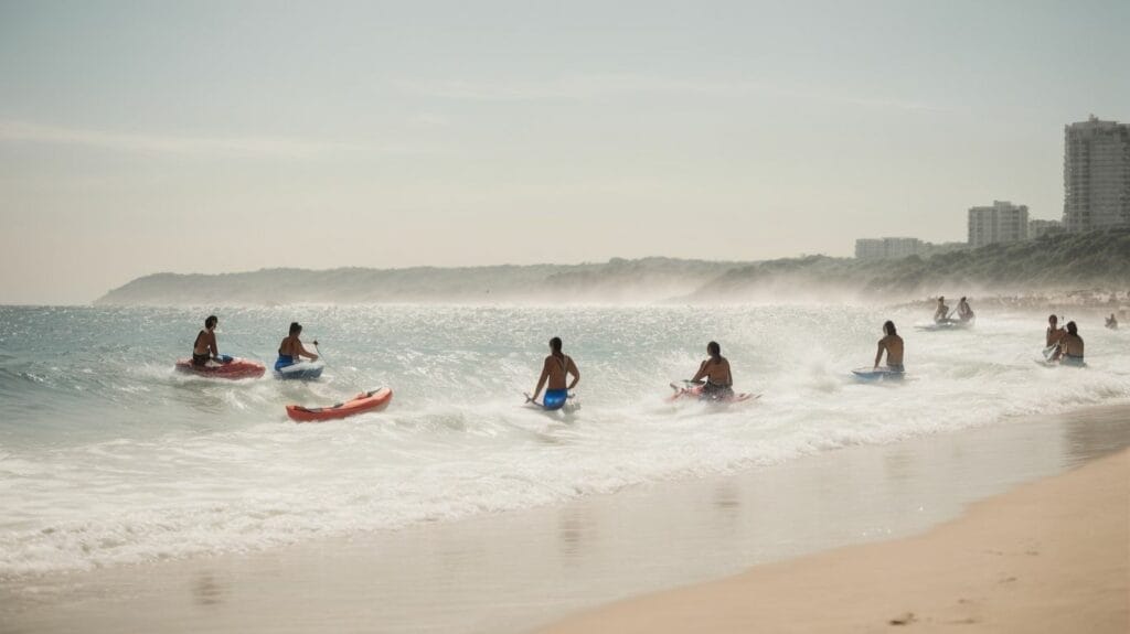 A group of people enjoying 30A Water Sports on the beach.