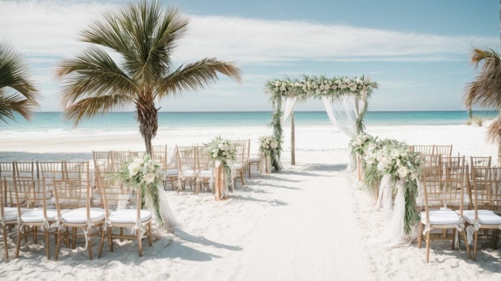 A wedding ceremony set up on the beach with white chairs and palm trees at one of our beautiful 30A wedding venues.