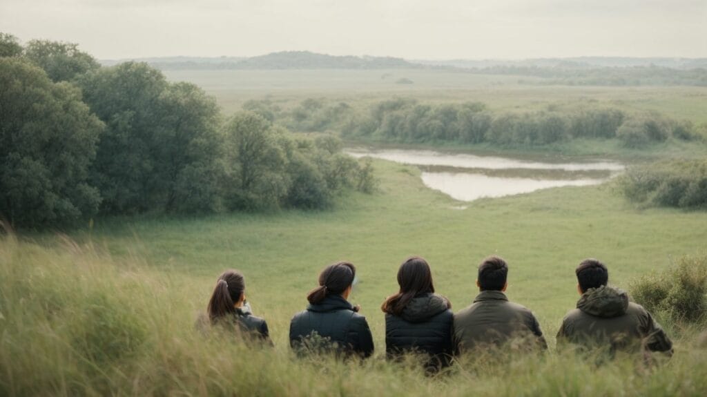 A group of people sitting on a hill overlooking a river, enjoying the wildlife and sightseeing.